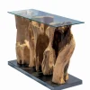 Console teck avec plateau en verre