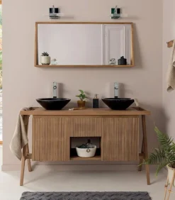 Salle de bains teck double vasque noire NAGALI