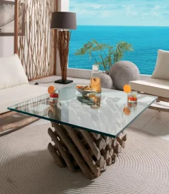 Table basse teck LAGOS plateau en verre carré